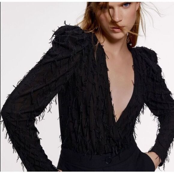 Zara puff sleeve fringe bodysuit size S - Picture 1 of 6